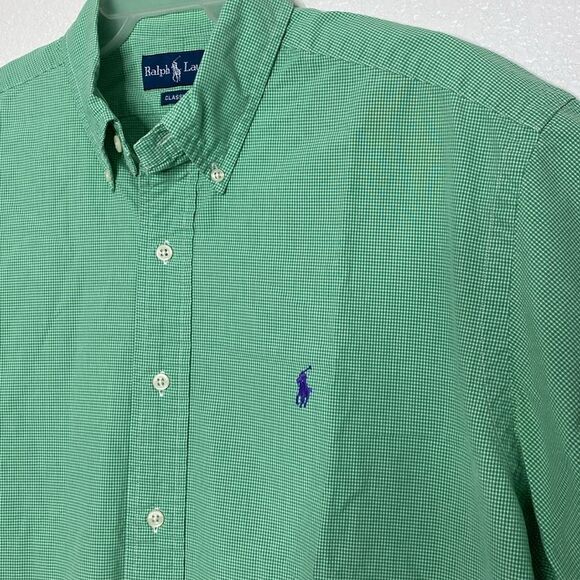 POLO by Ralph Lauren Men’s Light Green/White Fine Checkered Shirt Size L - Picture 2 of 4